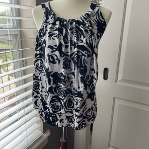 Carole Little top with shirred neckline, and flap designed to hide belly fat